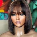 Bob Wig with Bangs Human Hair Glueless HD Lace Straight Short Bob Wig with Brown Highlights Ready to Go Short Wigs For Women （10 Inch bob wig）