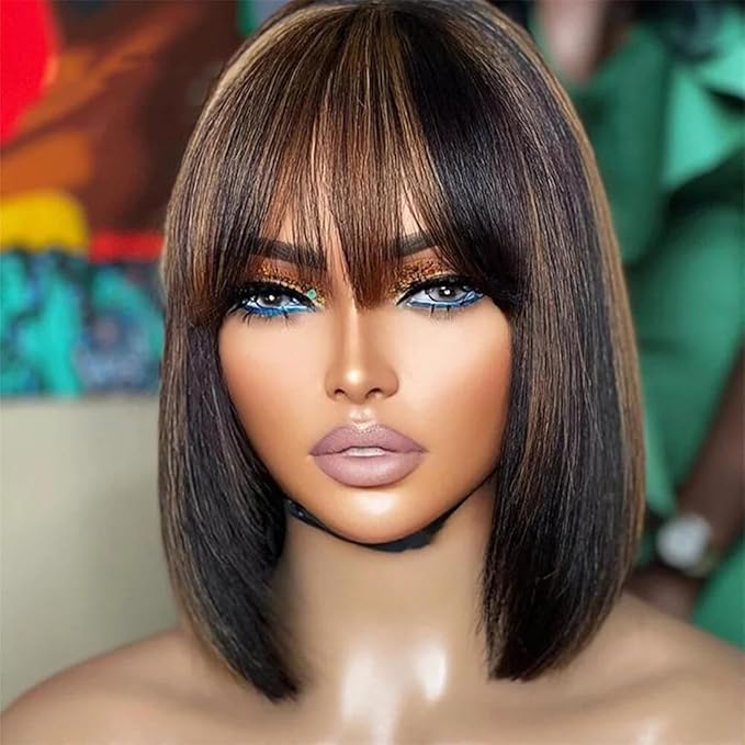Bob Wig with Bangs Human Hair Glueless HD Lace Straight Short Bob Wig with Brown Highlights Ready to Go Short Wigs For Women （10 Inch bob wig）