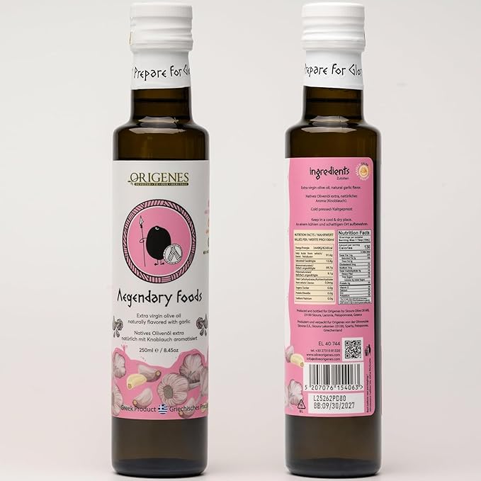 Pack of 2 Extra Virgin Flavored Olive Oil 1 Bottle Garlic 1 Bottle Chili Infused EVOO Cold Pressed Polyphenol Rich EVOO Intense Flavor Olive Oil Extra Virgin from Laconia 2X250ml