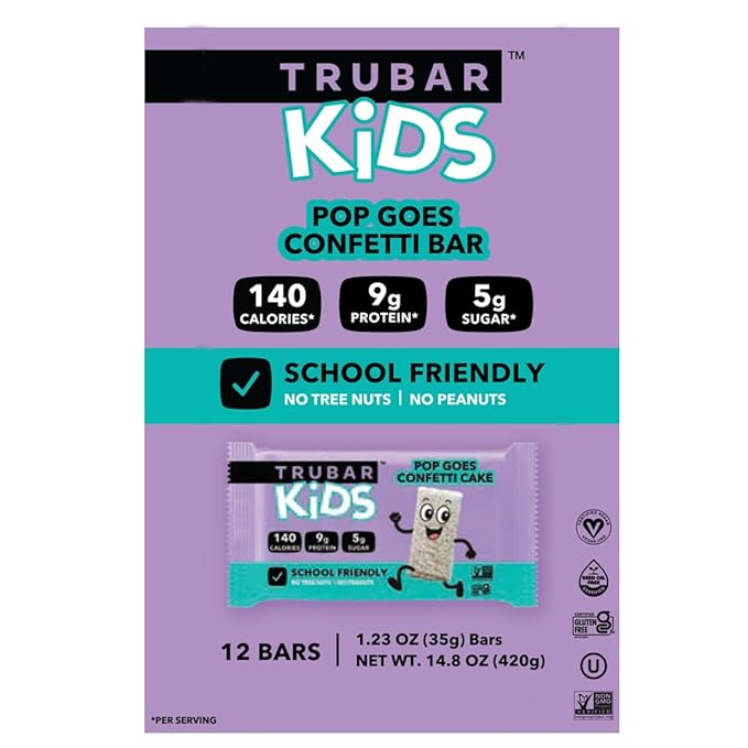 TRUBAR Kids Protein Bars Pop Goes Confetti Plant Based Protein Gluten Free School-Friendly Snacks for Lunchboxes Tree Nut and Peanut Free Low Sugar Healthy On the Go Snack Bars 12 Count