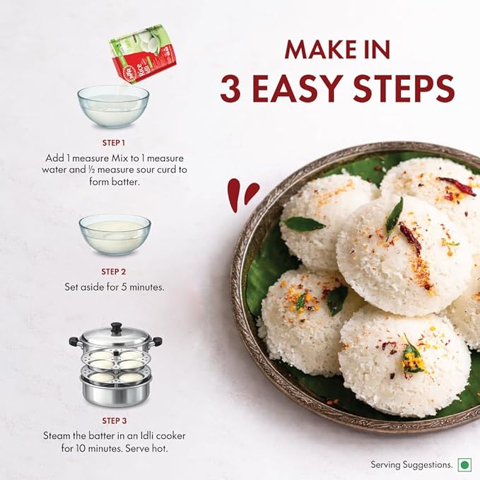 MTR Instant Rice Idli Mix - Ready to Cook Authentic Indian Breakfast Lunch Dinner or Snack Meal - No Added Preservatives - A Quick &amp Easy Recipe Suitable for Vegetarians - (500g Pack of 3)