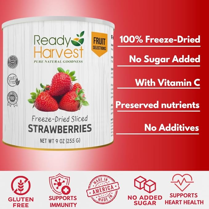 Ready Harvest Freeze Dried Strawberries | Healthy Emergency Snacks | Hurricane preparedness items as survival food | Pantry Staples | #10 Can | 30 Year Shelf Life | 6 Cans