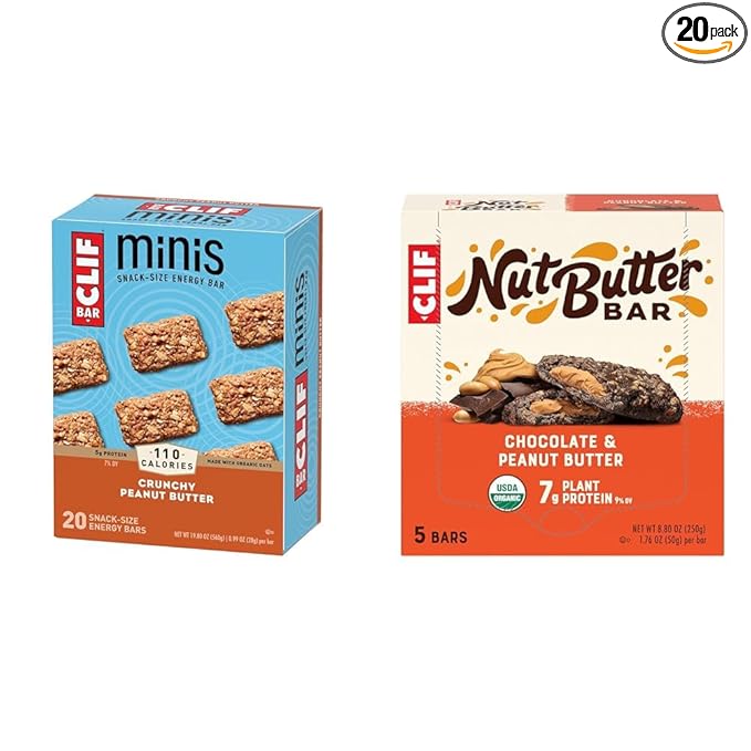 Clif Bar Minis Crunchy Peanut Butter 20 Pack 0.99 oz. and CLIF Nut Butter Chocolate Peanut Butter Bar 5 Pack 1.76 oz.