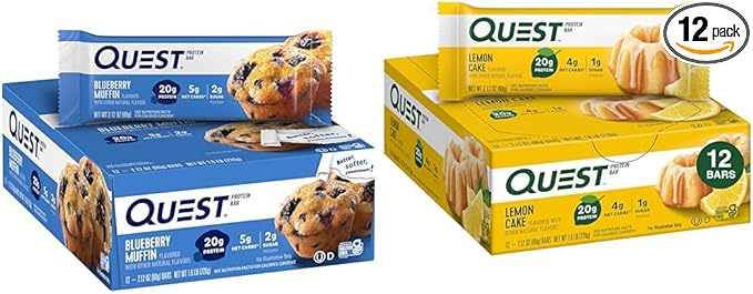 Quest Nutrition Blueberry Muffin (12 Count) and Lemon Cake (12 Count) Protein Bars Bundle High Protein Gluten Free