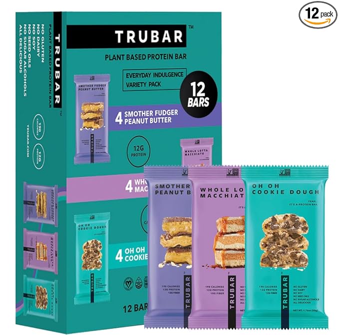 TRUBAR Vegan Protein Bar Variety Pack Assorted Flavors Peanut Butter Macchiato Cookie Dough Gluten Free Vegan Protein Snacks 12G Plant-Based Protein High Fiber Healthy Protein Bars 12 CT