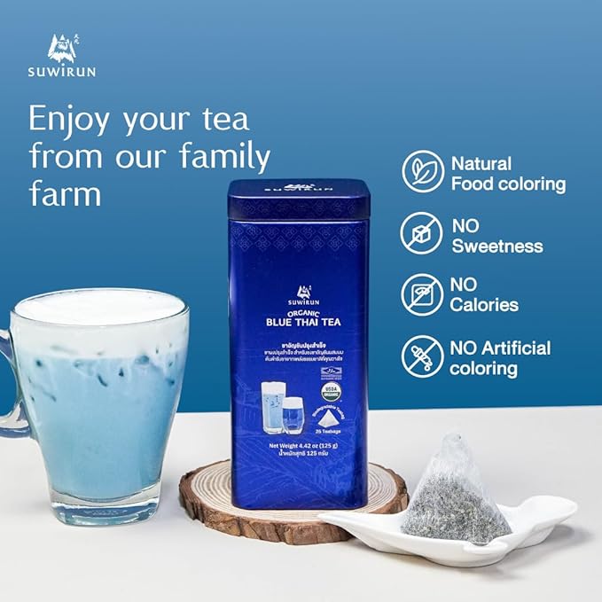 Suwirun Organic Blue Thai Tea 25 Bags – Naturally Blue Butterfly Pea Tea – Floral Aroma with Vanilla &amp Green Tea – Great for Hot Iced &amp Milk Tea