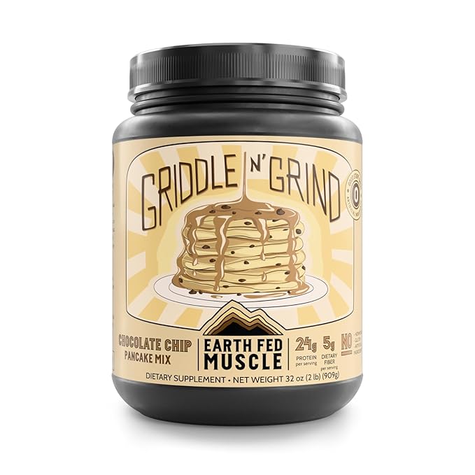 Earth Fed Muscle Griddle N' Grind Chocolate Chip Protein Pancake Mix &amp Waffle Mix – Protein Pancakes Gluten Free High Protein &amp Fiber Just Add Water – 2lbs 13 Servings