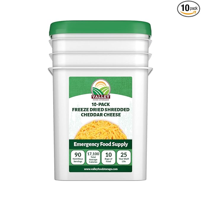 Valley Food Storage Freeze Dried Shredded Cheddar Cheese | 10-Bag Bucket 95 oz | Premium Emergency Food Supply 25 Year Shelf Life | Non-GMO Prepper Food for Cooking Camping &amp Long-Term Storage