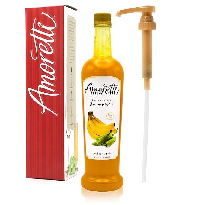 Amoretti - Spicy Banana Beverage Infusion 94 Servings Per Bottle (750 ml) - Drink Mix &amp Water Enhancer with Pump for Flavoring Cocktails Waters Teas and other Beverages Preservative Free