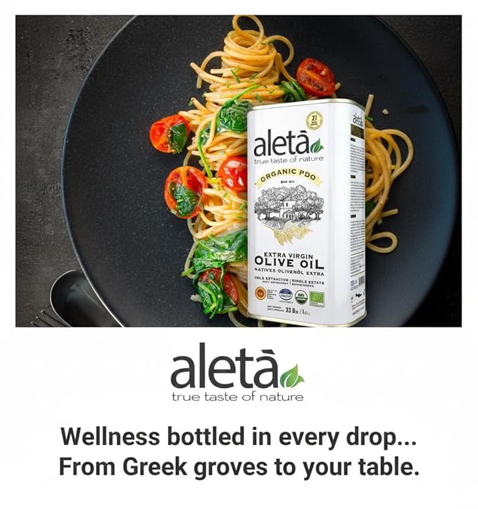 Aleta Single Estate Organic Extra Virgin Olive Oil Greek EVOO Unfiltered and Unrefined Rich in Polyphenol Kosher 33.8 oz (1 LT) Pack of 3