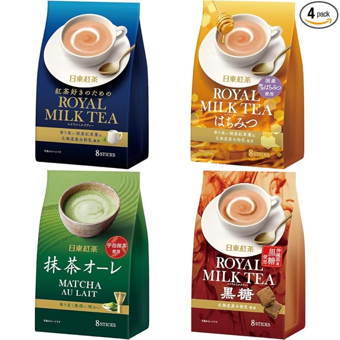 Nitto Royal Milk Tea Assortment – Original Honey Matcha Latte &amp Brown Sugar – 32 Sticks Total (8 Each) – Japanese Instant Milk Tea Variety Set