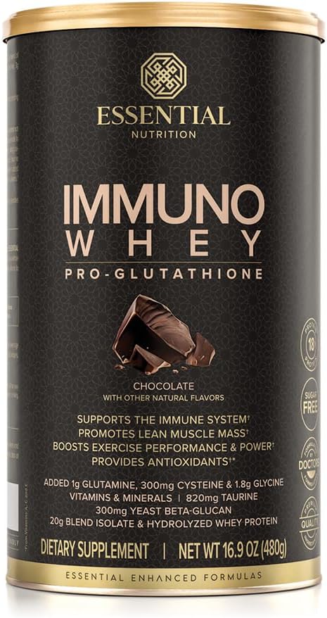 Essential Nutrition Immuno Whey - Isolate &amp Hydrolyzed Whey Protein Powder with Added Amino Acids to Support Glutathione Production - Beta Glucan - Chocolate - 16.9 oz (15 Servings)