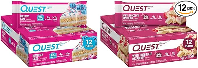 Quest Birthday Cake &amp White Chocolate Raspberry Protein Bars High Protein Gluten Free Keto 12 Count Each