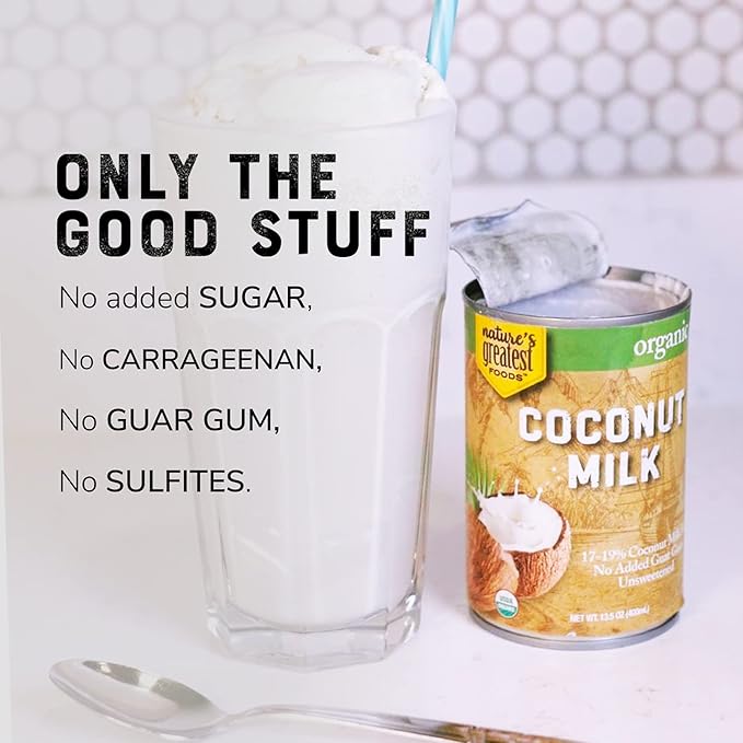 Nature's Greatest Foods Organic Coconut Milk - 13.5 oz No Guar Gum No Preservatives Gluten-Free Vegan and Kosher - 17-19% Coconut Milk Fat Unsweetened (12-Pack)