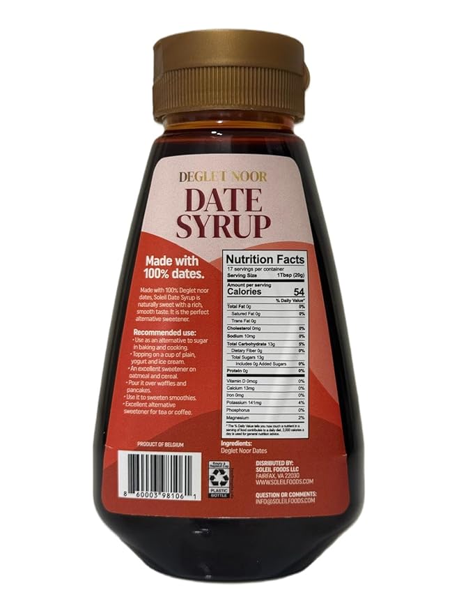 (Pack of 2) 12oz Soleil Date Syrup | Made with 100% Deglet Noor dates | Certified NON-GMO KOSHER. Healthy Natural Sweetener with NO added sugars or preservatives Gluten-free Vegan. PBA-free squeez