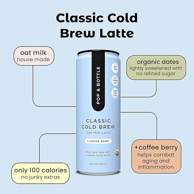 Pop &amp Bottle Classic &amp Vanilla Oat Milk Lattes - Cold Brew Marine Collagen &amp Antioxidants MCT Oil Organic Dairy Free Gluten Free Lightly Sweetened with Dates - 8 Fl Oz (Pack of 12)