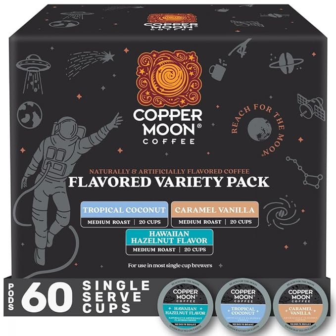 Copper Moon Single Serve Coffee Pods For Keurig K-Cup Brewers Flavored Variety Pack (Caramel Vanilla Tropical Coconut Hawaiian Hazelnut) 60 Count