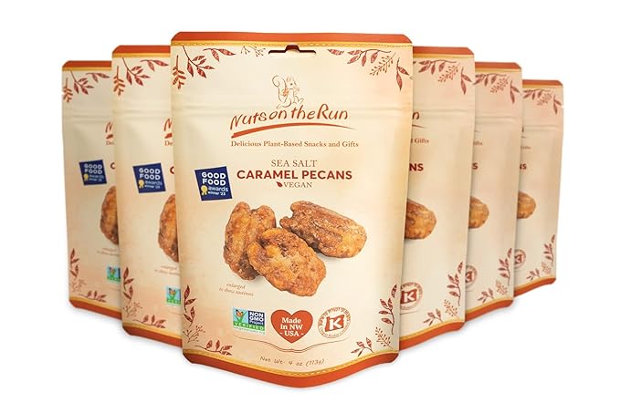 Sea Salt Caramel Pecans - Vegan Kosher Gluten-free GMO-free Pecan Pralines - 4oz (PACK OF 6 BAGS) - Satisfaction Guarantee