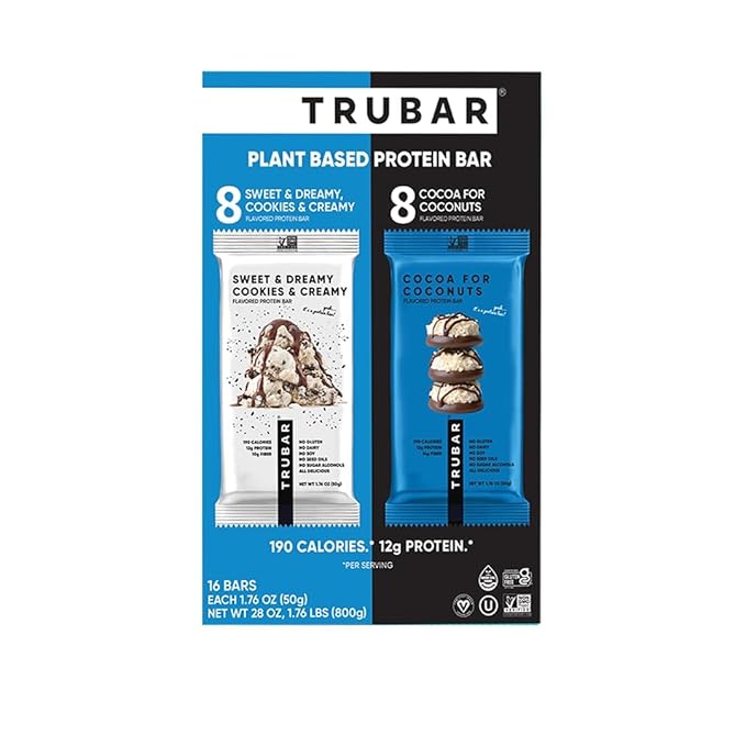 (Pack of 1) TRUBAR Based Protein Bars 8 x Sweet &amp Dreamy Cookies &amp Cream 8 x Cocoa for Coconuts 16 Counts