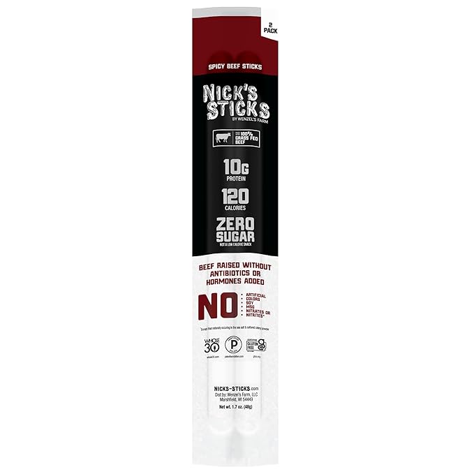 Nick's Sticks Clean &amp Balanced 100% Grass-Fed Spicy Beef Snack Sticks | Made in the USA | Gluten Free | Paleo Keto Whole30 Approved | No Soy Antibiotics or Hormones (12 – 1.7oz. Packages of 2 S