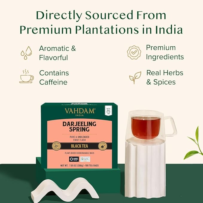 VAHDAM Exotic Darjeeling First Flush Tea Leaves (100 Black Tea Bags) High Caffeine Non GMO Gluten Free | Aromatic &amp Robust | Unblended First Flush Darjeeling Tea Bags | Resealable Ziplock Pouch