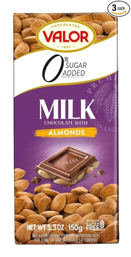 Valor. Milk Chocolate with Mediterranean Marcona Almonds. No sugar added. 150g (5.29oz). Pack of 3.