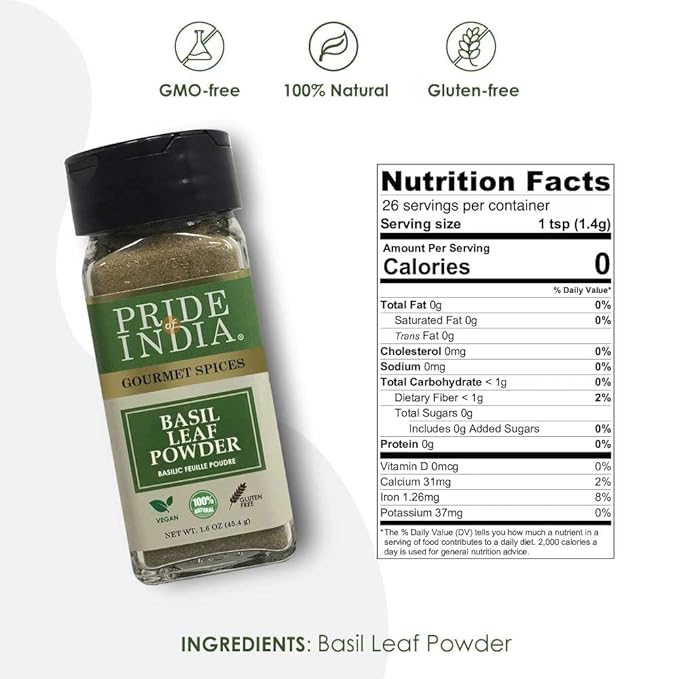 Pride of India - PACK of 6 - Basil Leaf Powder – Gourmet &amp Culinary Spice – Mediterranean Seasoning – Adds Flavor to pesto/stews/curries– Easy to Use – 1.6 oz. Small Dual Sifter Jar