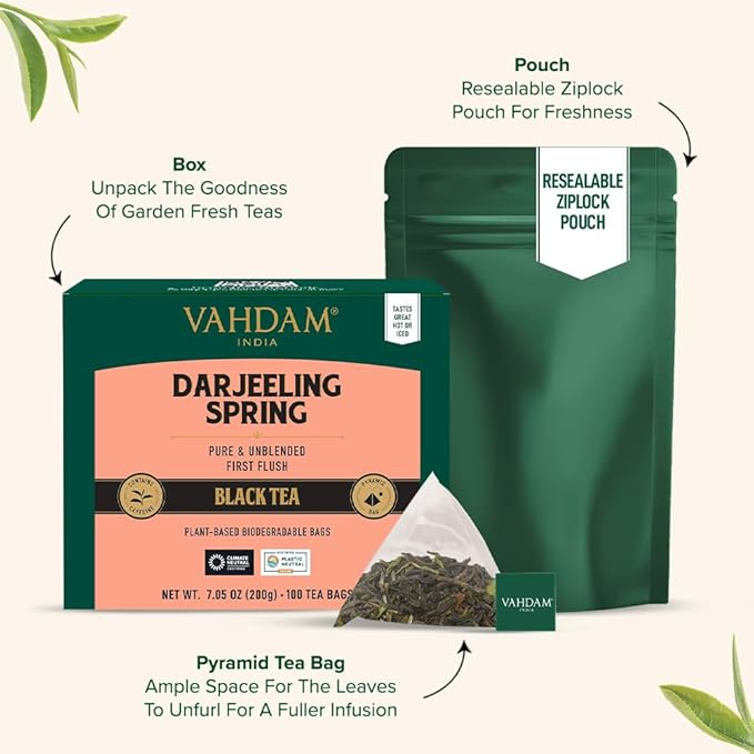 VAHDAM Exotic Darjeeling First Flush Tea Leaves (100 Black Tea Bags) High Caffeine Non GMO Gluten Free | Aromatic &amp Robust | Unblended First Flush Darjeeling Tea Bags | Resealable Ziplock Pouch