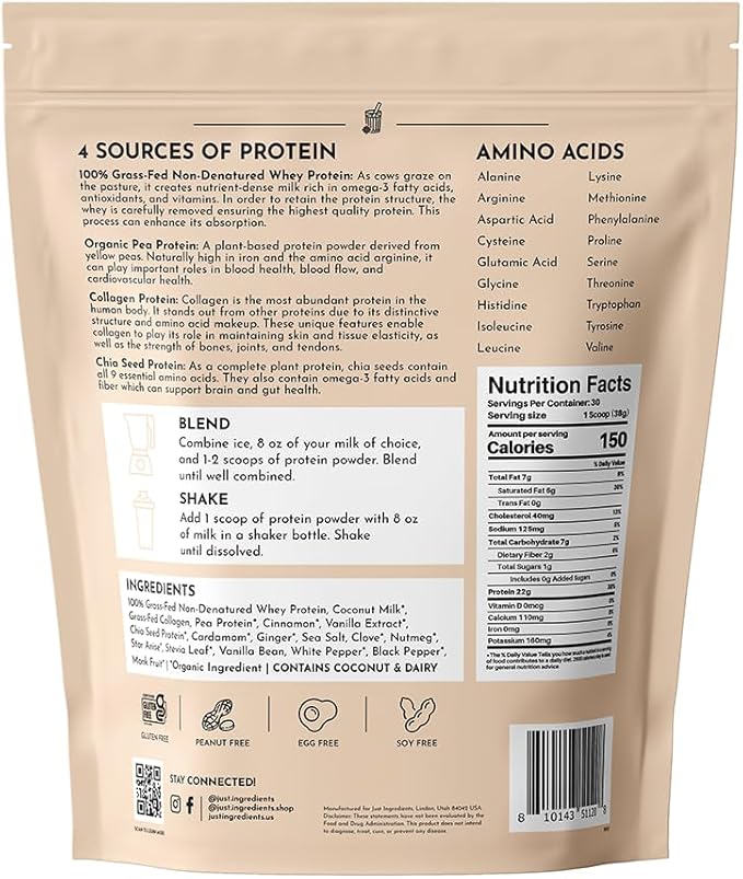 JUST INGREDIENTS Chai Protein Powder – 30-Serving Blend with 100% Grass-Fed Whey &amp Organic Plant Proteins – Warm Spice Flavor with Cinnamon Ginger &amp Cardamom – Supports Muscle Recovery Energ