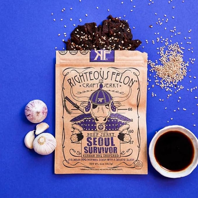 Righteous Felon Beef Jerky - Seoul Survivor Jerky - Gluten-Free Snacks - All-Natural Locally Sourced &amp Dried Beef - Low-Sugar High-Protein Healthy Snacks - 2 Ounces Each Pack of 3