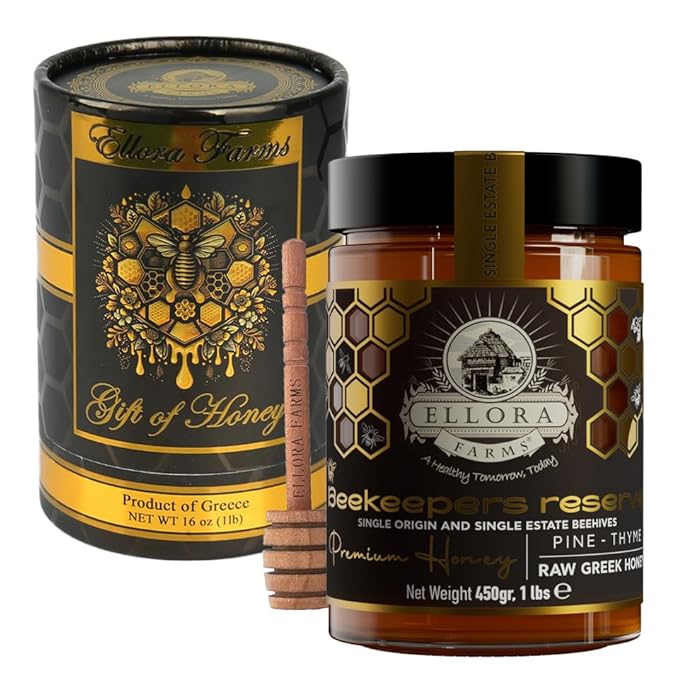 Ellora Farms Greek Honey Single Estate PDO Pine &amp Thyme Raw Honey Unfiltered Beautiful Gift Pack with Dipper Beekeepers Reserve Pure Raw &amp Unfiltered Cold-Pressed Gluten Free - 450 g