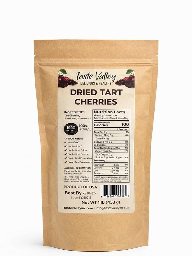 Taste Valley Dried Tart Cherries - 100% Natural Non-GMO Gluten Free - No Artificial Preservatives - Premium Montmorency Cherries for Snacking Baking &amp Cooking - 1 lb (453g)