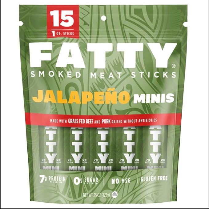 Fattty Smoked Meat Sticks Jalapeno Minis Flavor Made with Grass Fed Beef and Pork Raised Without Antobiotics 15 oz