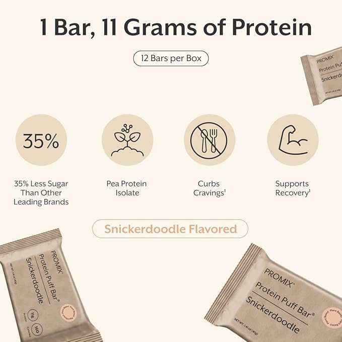 ProMix Nutrition Protein Plant Based Puff Bars - Snickerdoodle - Marshmallow Crispy Treat - High Protein &amp Low Calorie - 12 Bars
