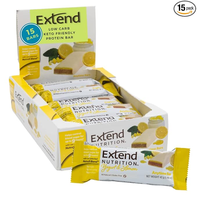 Extend Nutrition - Diabetic Food Nutrition Bars to Help Control Hunger and Manage Blood Sugar Low Carb Low Glycemic Keto Friendly Weight Management Diabetic Snacks Yogurt &amp Lemon (15 Count)
