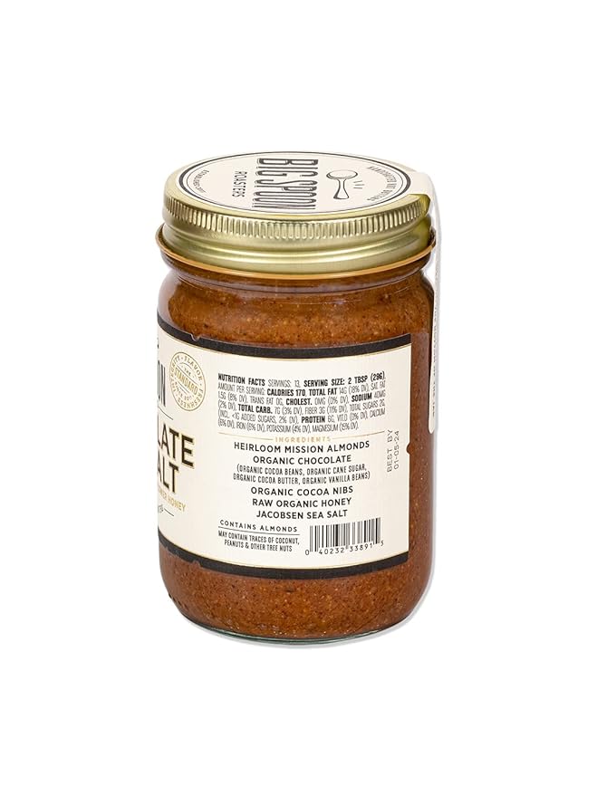 Big Spoon Roasters Dark Chocolate Almond Butter With Sea Salt &amp Raw Honey - Low Sugar Almond Butter - Crunchy &amp Bee-Friendly Almonds - Keto Gourmet Pure Almond Nut Butter - 13 Ounces