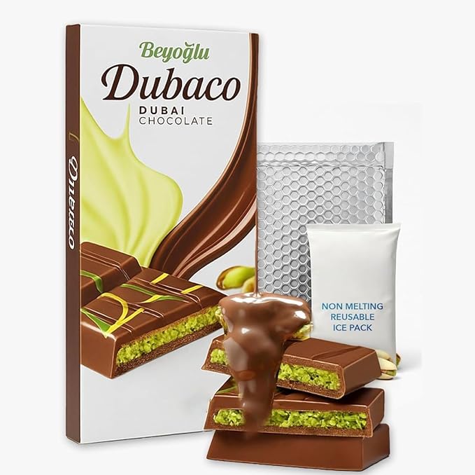 Beyoglu Dubai Chocolate Bar Premium Pistachio Kataifi Milk Chocolate with Crispy Layers. Ships in Cold Thermal Bubble Mailer with Dry Ice Pack. (200 Grams)