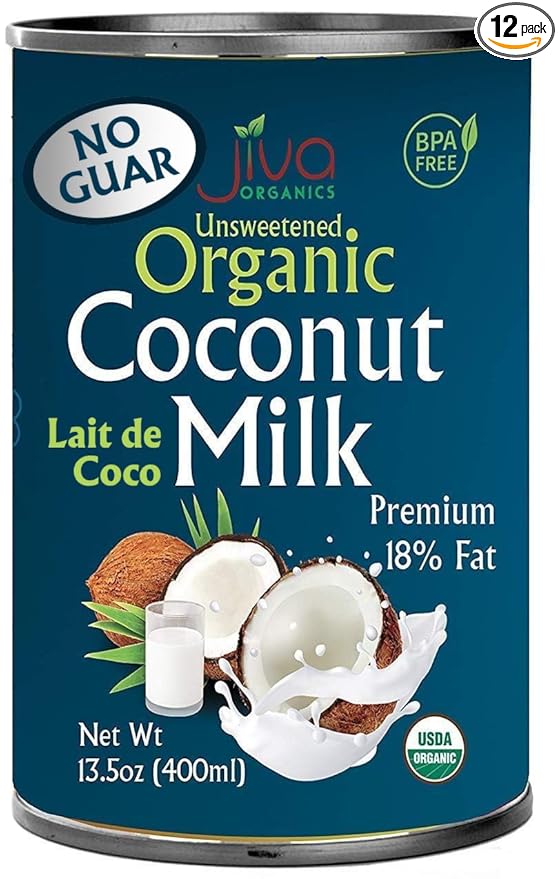 Organic Coconut Milk 13.5 Ounce (Pack of 12) - Unsweetened Premium FULL 18% Fat Vegan Paleo No Guar Gum BPA Free Keto Friendly by Jiva Organics