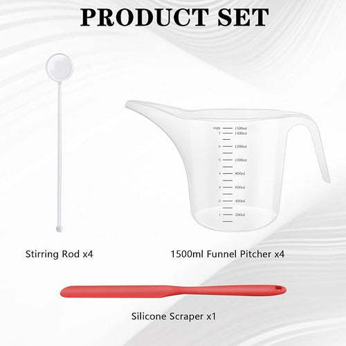 4 Pack 1500ml/50oz Long Spout Funnel Pitcher with Stirring Rods – Measuring Cups for Resin Paint Epoxy Crafts Soap Making Durable and Easy to Pour Great for Mixing Measuring Transfer Tasks
