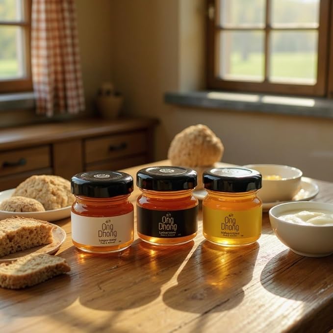 Mini Honey Jars Set of 3 (45g Each) – Lychee Longan and Wildflower Honey – Assorted Flavors Gift Pack for Tea Coffee Breakfast and Desserts