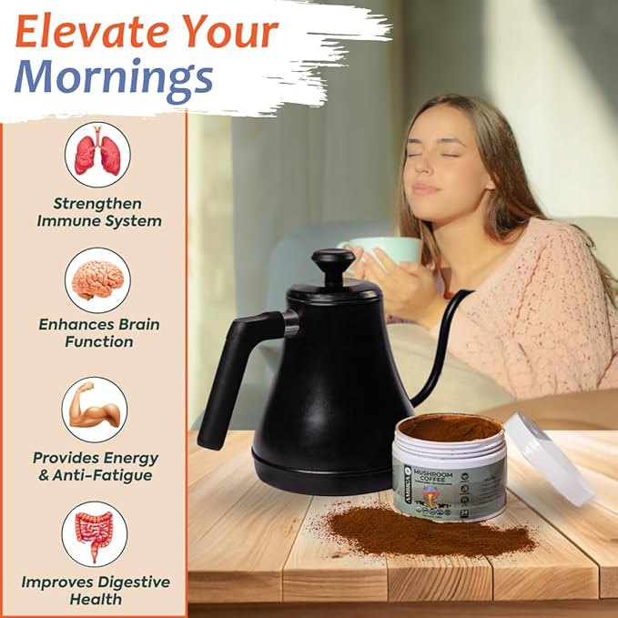 Ambica Instant Mushroom Coffee Ground USDA Organic With Ten Mushroom Coffee with Lion’s Mane Reishi Cordyceps &amp Chaga for Immnue Support &amp Gut Health Better Energy &amp Focus 24 Servings