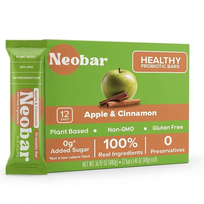 NEOBAR Probiotic Fruit and Nut Bars - Plant-Based Vegan Snack Bars Gluten Free Dairy Free Snacks No Added Sugar No Preservatives Non-GMO | Apple &amp Cinnamon12 Count