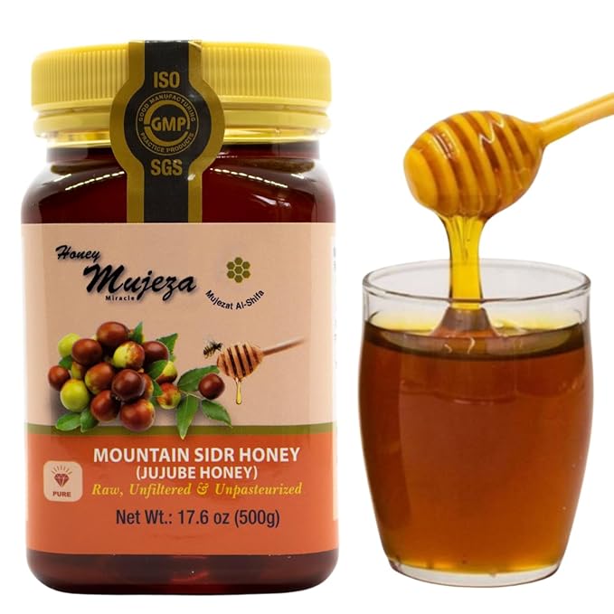Authentic Mountain Sidr Honey – Jujube Honey Supports Mental Health Memory and Cognition 100% Natural Raw Liquid Honey Gluten Free (500g / 17.6oz)