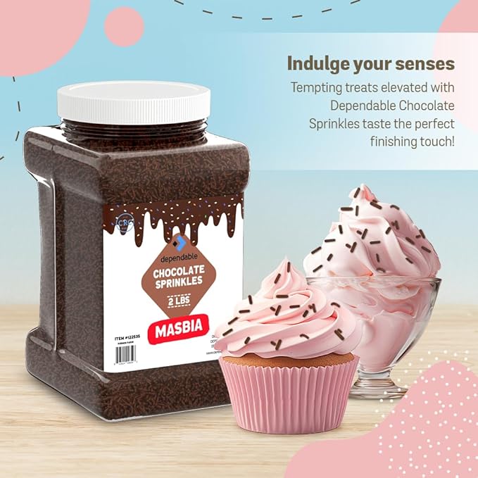 Dependable Food Chocolate Sprinkles - 2 Lb. Bulk Container - Gluten-Free Kosher Brown Jimmies for Cake Decorating Cupcakes &amp More - Resealable Jar