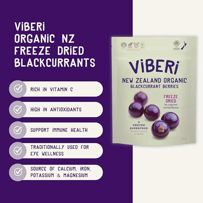 ViBERi Freeze-Dried Organic Blackcurrants 120 g | 100% NZ-Grown Superfruit Berries Natural Vitamin C &amp Anthocyanins Vegan • Non-GMO • No Added Sugar