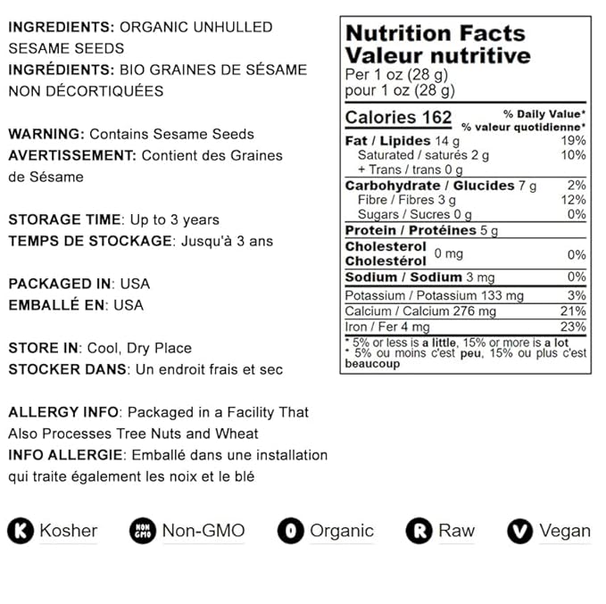 Food to Live Organic Unhulled Sesame Seeds 8 Pounds — Non-GMO Whole Natural Raw White Sesame Seeds Kosher Vegan Bulk Rich in Dietary Fiber Protein &amp Iron. Crunchy Texture. Great for Baking