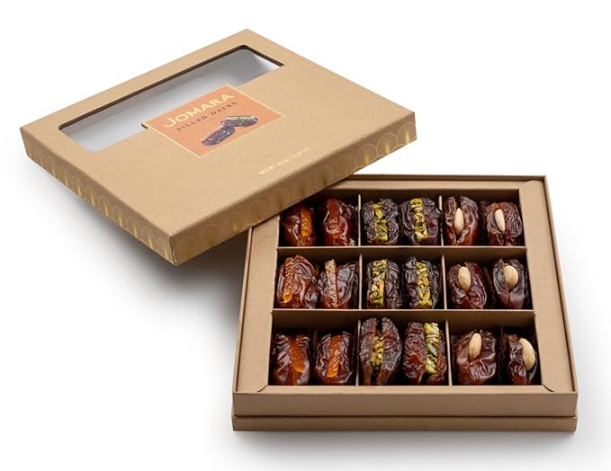 Jomara Filled Dates Assorted Gifting KraftBox M 11.3 oz / 320g | 3 Flavors: Pistachio Roasted Almond Orange Peel