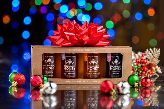 Bee Harmony Classic Honey Flight Mini Honey Gift Set 4 Jars 3 OZ Each Premium Raw Made in the USA