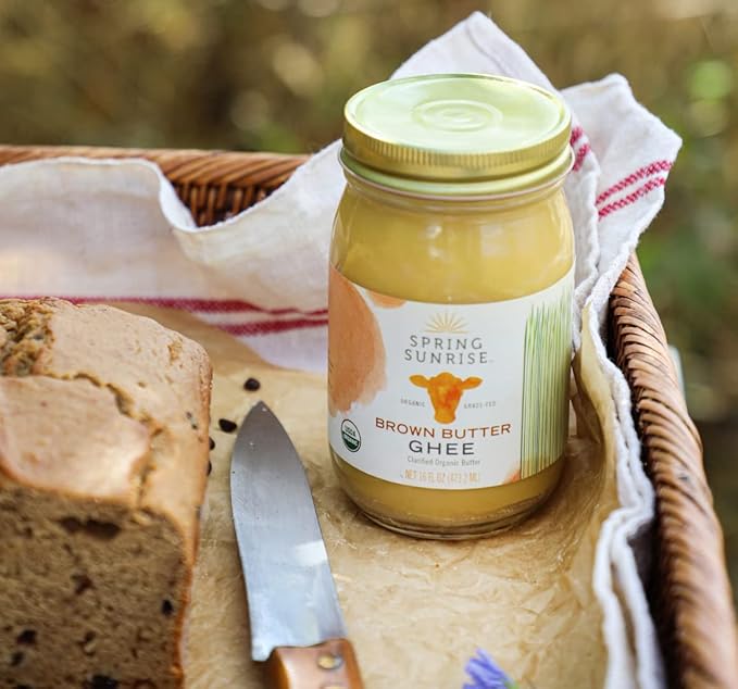 Spring Sunrise Organic Brown Ghee - Grass Fed Clarified Butter - Keto &amp Paleo Friendly Lactose &amp Gluten Free Cooking Oil with High Smoke Point - 16 oz Jar