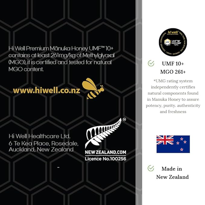 Hi Well Premium New Zealand 100% Manuka Honey | Monofloral Pure Raw Honey | UMF Certified | 8.82Oz(250g) Jar (UMF 10+)
